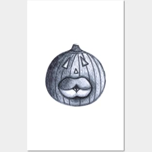 Funny Big Mouthed Pumpkin Head - Black and White Posters and Art